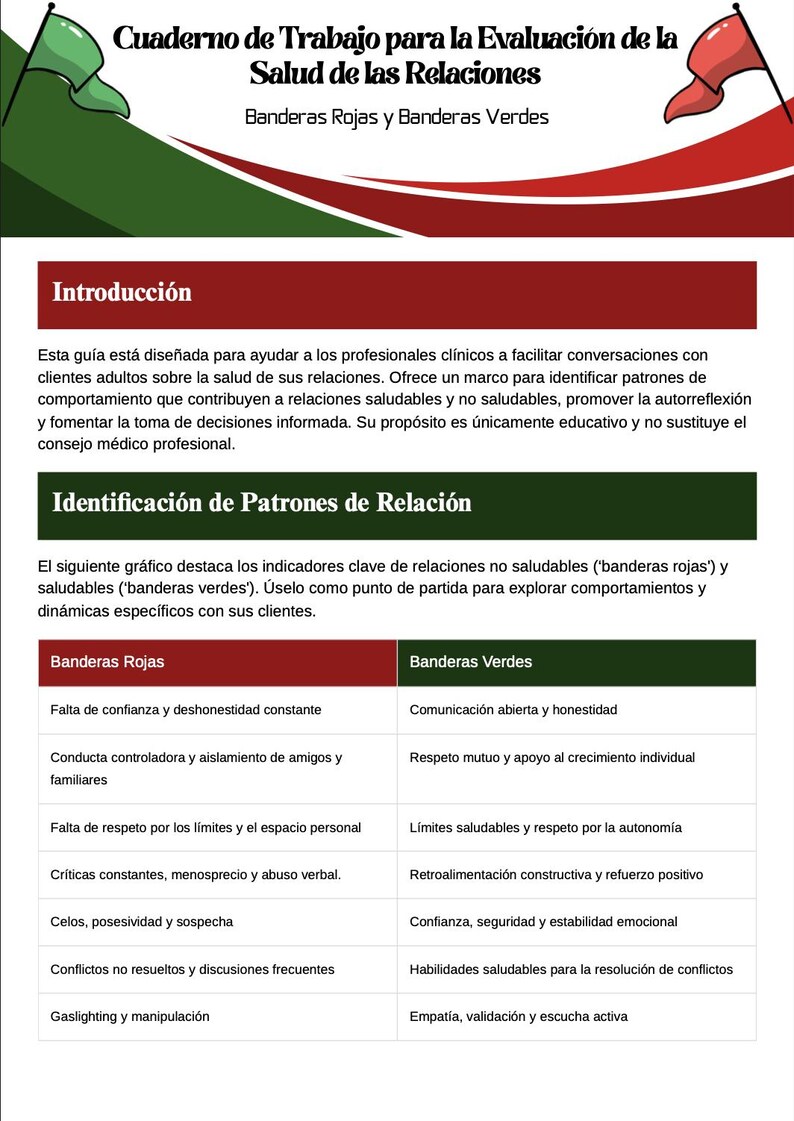 May include: A Spanish-language workbook titled "Cuaderno de Trabajo para la Evaluaci&oacute;n de la Salud de las Relaciones" with red and green flags. The guide identifies healthy and unhealthy relationship patterns for clinical professionals.