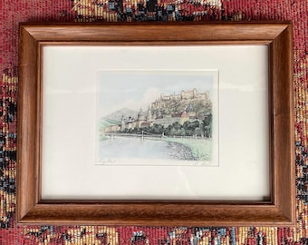 Vintage Hans Leisch Salzburg Original Hand-Colored Etching Signed Framed Austria