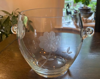 Vintage Etched Floral Glass Ice Bucket with Snail Handles