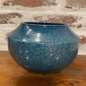VTG Blue Crackle Glaze Round Vase, Signed Studio Pottery