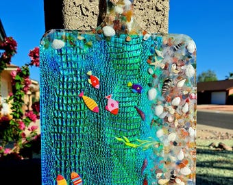 Ocean Paradise Resin Charcuterie Board | Epoxy Cheese Board with Real Seashells & Tropical Fish | Coastal Serving Board