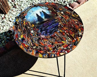 Haunted Halloween Witch Coffee Table, 19" Round Resin Art Table, Spooky Castle Moon & Crows, Handcrafted Gothic Home Decor