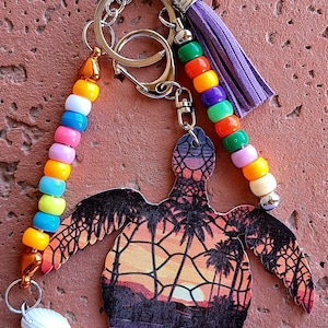 Handmade Sea Turtle Keychain - Purse Charm | Beach Sunset Turtle Bag Charm | Colorful Beaded Key Ring with Tassel & Shell | Ocean Lover Gift