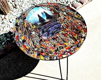 Haunted Halloween Witch Coffee Table, 19" Round Resin Art Table, Spooky Castle Moon & Crows, Handcrafted Gothic Home Decor