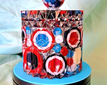 Patriotic Quilled Resin Vanity Jar with Beaded Sphere Handle | Red White & Blue Storage Container | Handmade Americana Decor