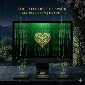 May include: A desktop computer with a green matrix-style background and a gold heart design. Three matching coasters with gold heart designs and the text "Besa Hacker Art" are in front of the computer. The text "THE ELITE DESKTOP PACK - MATRIX GREEN | DRAFT 01" is at the top.