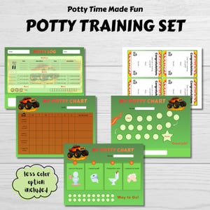 May include: A potty training set with charts, logs, and reward cards. The set includes a potty log, a chart with a monster truck graphic, and reward cards. The text "Potty Time Made Fun" and "Potty Training Set" are displayed at the top.