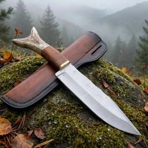 Puede incluir: Un cuchillo de hoja fija con una hoja de acero plateado, un refuerzo de latón y un mango hecho de asta texturizada y cuero envuelto. El cuchillo viene acompañado de una funda de cuero marrón con costuras visibles y una trabilla para cinturón.