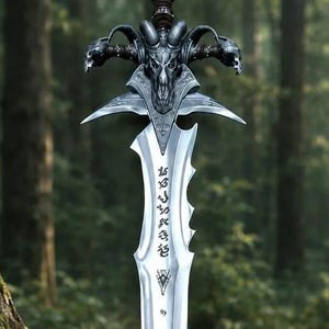 May include: A silver-toned metal sword featuring a dark, textured handle and a crossguard designed with a central ram skull motif. The blade is double-edged with a serrated edge on one side and displays intricate, dark engraved runic symbols.