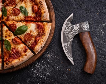 Viking Axe Pizza Cutter with Skull & Rune Engravings - Rustic Wood Handle Kitchen Tool - Unique Fantasy Gift for Him
