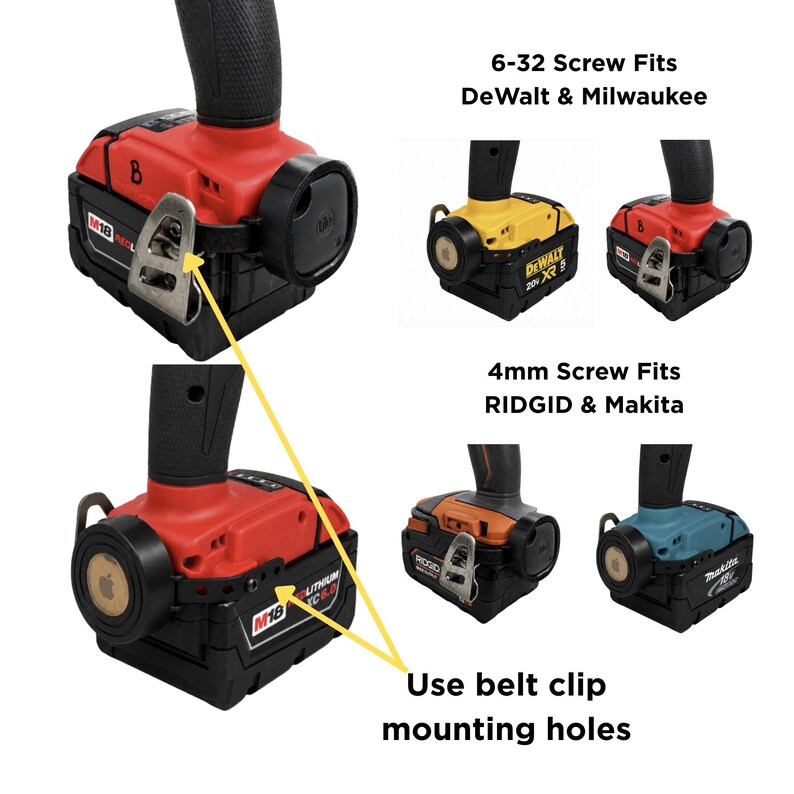May include: A selection of power tool battery adapters in red, yellow, orange, and blue. The adapters are designed to fit different brands, with text indicating screw fit sizes and compatible brands such as DeWalt, Milwaukee, Ridgid, and Makita. The text also mentions "Use belt clip mounting holes."
