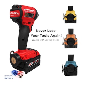 May include: A red and black FUEL brushless impact wrench with a black handle and battery pack. The image includes the text "Never Lose Your Tools Again!" and "Works with AirTag & Tile."