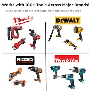 May include: Image featuring power tools from brands including Milwaukee, DeWalt, Ridgid, and Makita. Text states "Works with 100+ Tools Across Major Brands!" and "Uses existing belt clip mount, no modification required."