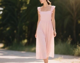 Square Neck Linen Midi Dress, Boho Chic Dress with Ruffle Cap Sleeves, Flowy Pleated Summer Dress, Handcrafted Linen Dress, Custom Dress