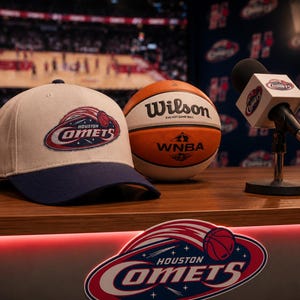 May include: A beige baseball cap with a navy blue brim featuring the Houston Comets logo, a Wilson WNBA basketball, and a microphone with a Houston Comets logo cube. A large Houston Comets logo is displayed on the front of the desk surface.