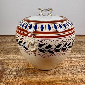 Antique Adams Titian Ware Lidded Pottery Jar Lion Head Handles, English Art Pottery