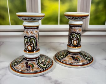Pair Hand Painted Portuguese Ceramic Candlesticks Conimbriga Portugal