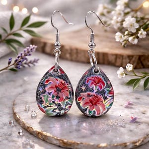 Hibiscus Floral Resin Earrings | Tropical Flower Earrings | Handmade Teardrop Earrings | Lightweight Statement Jewelry | Botanical Earrings