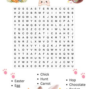 Può includere: Cruciverba pasquale con un coniglietto, uova e carote. Il puzzle include parole come "Pasqua", "coniglietto" e "cioccolato". L'immagine ha uno sfondo bianco e il testo "FUN.LOVE.CREATE."