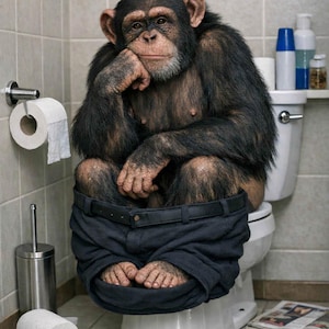 May include: A chimpanzee sits on a toilet, wearing dark trousers, with a thoughtful expression. The bathroom includes a toilet paper roll, a toilet brush, and a magazine. The text at the bottom reads, "I'm sitting here thinking and stinking."