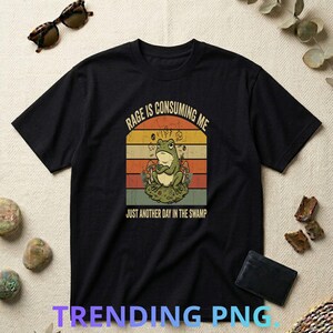 May include: Black t-shirt with a graphic of an angry frog sitting on a lily pad, with the text "RAGE IS CONSUMING ME" above and "JUST ANOTHER DAY IN THE SWAMP" below. The design features a retro sunset background.