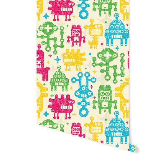 Kids Room Removable Wallpaper BRIGHT ROBOTS Simply Peel and Etsy