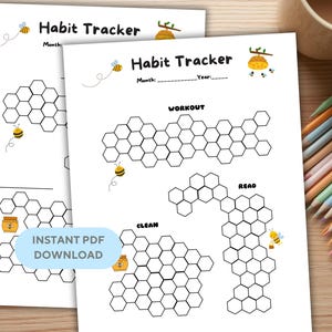 May include: Two white habit tracker printable sheets with a bee theme. The sheets have honeycomb-shaped boxes for tracking habits, with the words "Habit Tracker", "Workout", "Read", and "Clean". The phrase "Instant PDF Download" is also visible.