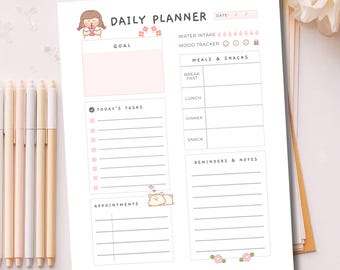Kawaii Daily Planner Printable | Cute Girl Planner | Daily To Do List | Aesthetic Planner | Productivity Printable | Instant Download PDF