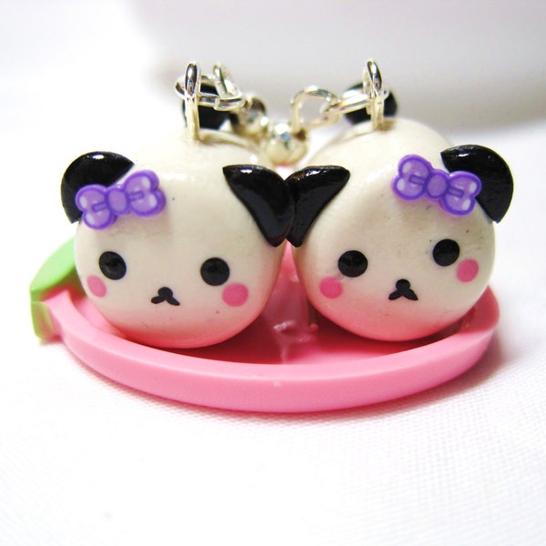 Kawaii Marshmallow Panda with Bow Polymer Clay Dangle Earrings