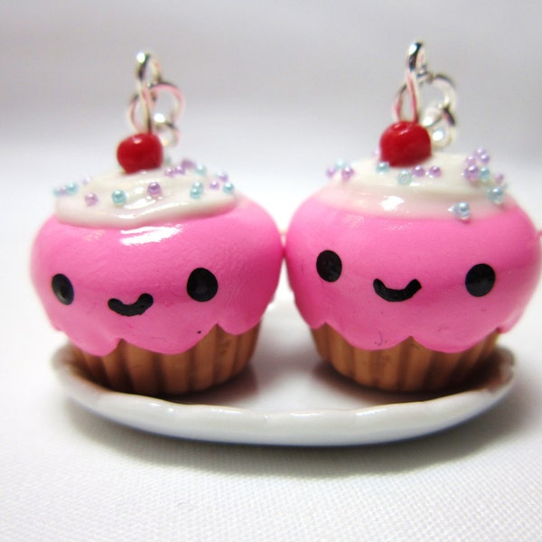 Pink Cupcake Kawaii Polymer Clay Dangle Earrings Sterling Silver