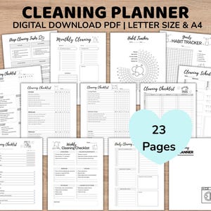 May include: A digital cleaning planner with 23 pages, including checklists, habit trackers, and schedules. The planner is available as a digital download in PDF format, in both Letter and A4 sizes. The cover features the text "CLEANING PLANNER".