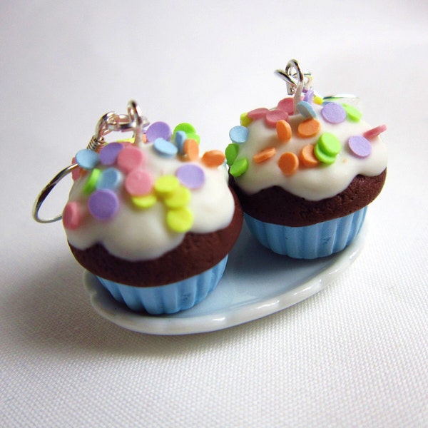 Chocolate Cupcake Confetti Sprinkles Polymer Clay Kawaii Dangle Earrings - Baby Blue