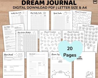 Könnte beinhalten: Eine Sammlung von 20 druckbaren Seiten für ein Traumtagebuch, einschließlich Trackern für Schlaf, Stimmung und Traumanalyse. Die Seiten sind in Schwarzweiß gehalten und zeigen Illustrationen von Monden, Sternen und Wolken. Der Text "DREAM JOURNAL" steht oben.