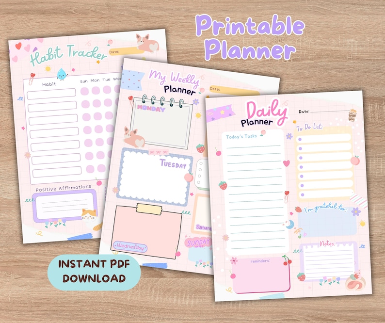 Pastel Daily Planner Printable, Kawaii To-do List, Habit Tracker (PDF ...