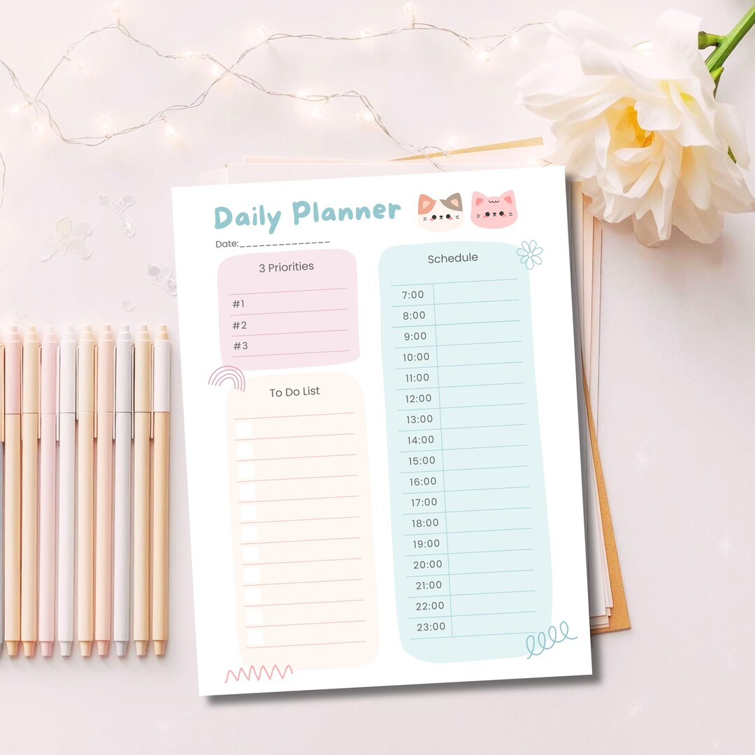 Kawaii Cats Daily Planner Printable | Cute Cat Planner Page | Pastel ...