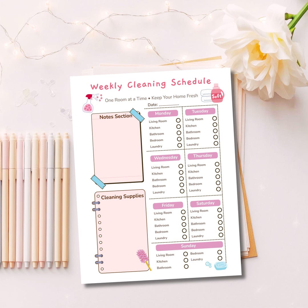 Weekly Cleaning Schedule Printable | Pink and Blue Cleaning Planner ...