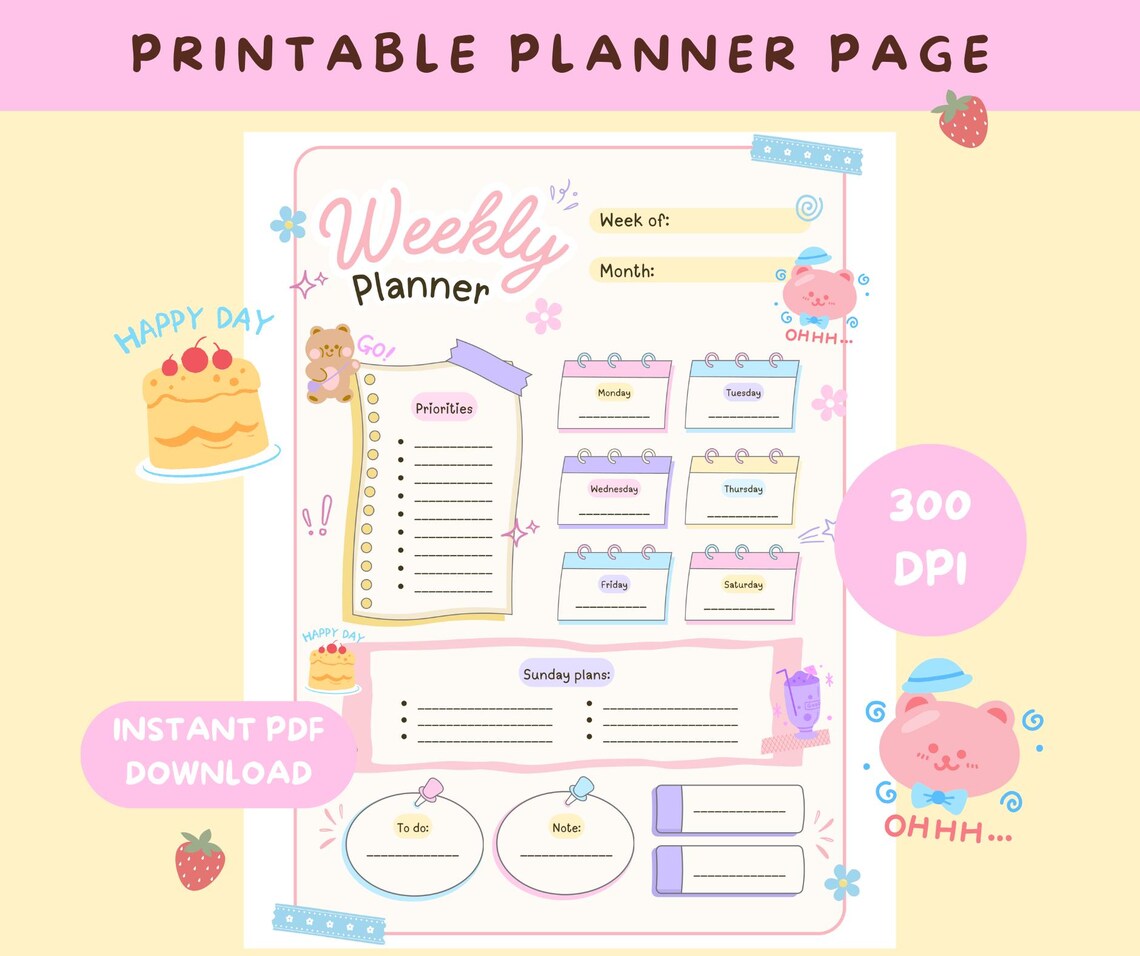 Pastel Bear Weekly Planner Printable | Cute Colorful Weekly Planner ...