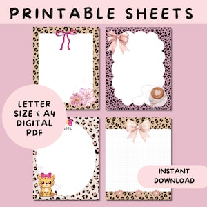 May include: Printable sheets with leopard print borders, bows, and floral accents. The sheets include a letter size and A4 digital PDF format. The image also includes the text "Instant Download".