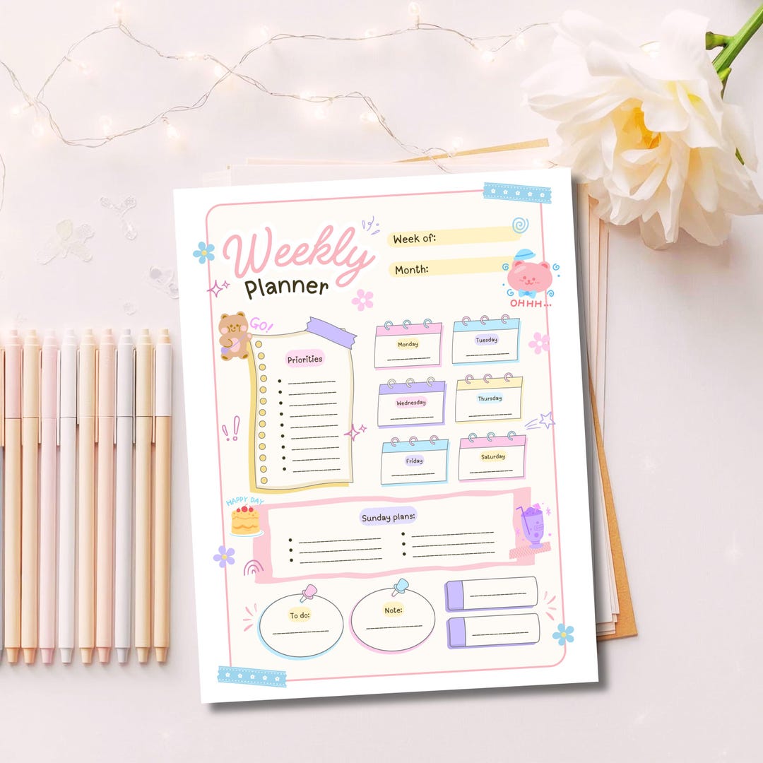 Pastel Bear Weekly Planner Printable | Cute Colorful Weekly Planner ...