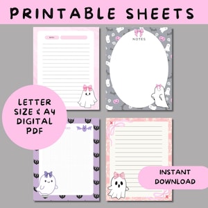 May include: Printable sheets with a pink and gray theme. The sheets feature ghost illustrations with bows, and the text "PRINTABLE SHEETS", "LETTER SIZE & A4 DIGITAL PDF", "NOTES", "TO DO", and "INSTANT DOWNLOAD".