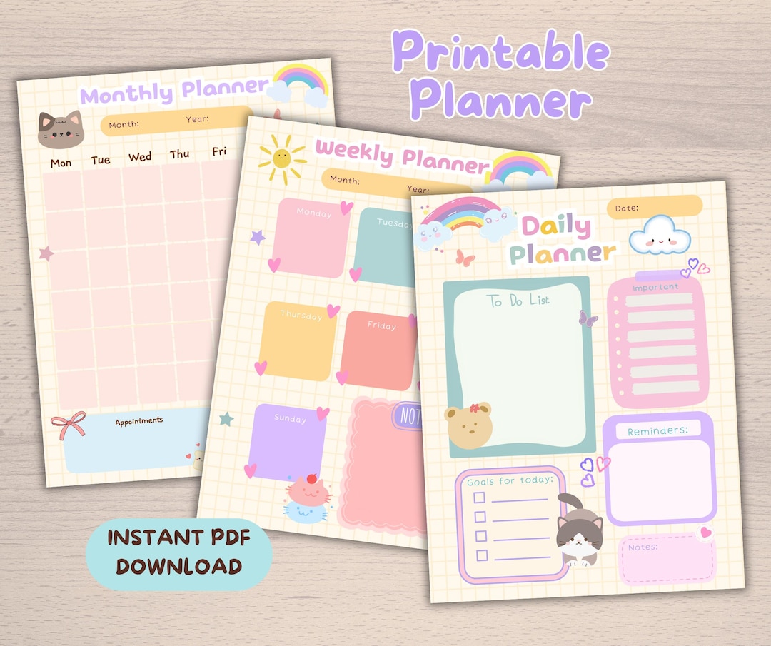 Daily Printable Planner, Pastel Planner Idea Kawaii, Cute Printable ...