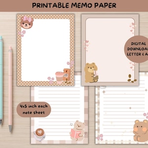 Pode incluir: Papel de memorando imprimível com um tema de urso fofo. A imagem mostra várias folhas de notas, canetas e o texto "Digital Download Letter & A4" e "4x5 inch each note sheet". O papel de memorando apresenta ilustrações de ursos, xícaras de café e detalhes florais.