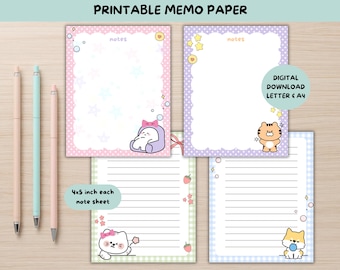 May include: Printable memo paper sheets with lined pages and decorative borders. The sheets feature cute cartoon characters and the text "notes". The image also includes three pens and text that reads "4x5 inch each note sheet" and "DIGITAL DOWNLOAD LETTER & A4".