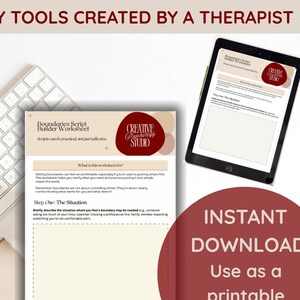 May include: A digital worksheet titled "Boundaries Script Builder Worksheet" with the Creative Psychology Studio logo. The image includes a tablet displaying the worksheet, a keyboard, and a mouse. Text reads "Instant Download" and "Use as a printable or on a tablet."