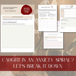 May include: A set of printable mental health worksheets, including an "Anxiety Thought Spiral Reset Worksheet" and a "Daily Mental Goal Tracker." The worksheets are in neutral tones and feature the text "Creative Psychology Studio."