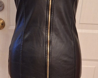 Haute Monde dress, Gothic, black leather inspired dress, front zipper dress, spaghetti strap dress. Size Small.