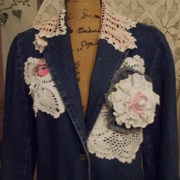 REDUCED..Upcycled,  repurposed, women denim jacket, Embellished denim jacket,  crochet doilies, handmade flower brooch,