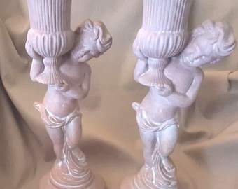 Vintage, tall ceramic bisque Cherub Candle Holders , 14 1/4 inches tall.
