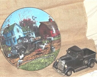Collector Plate, Black metal truck,  Home from market, Lowel Davis  1985,  Farm house decor, country decor