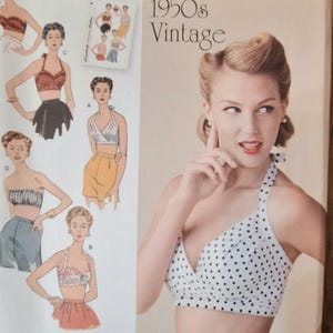 May include: Simplicity sewing pattern featuring a 1950s vintage design. The pattern includes various halter top styles, with a woman wearing a polka dot halter top. The pattern size is US 4-12.